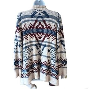 Hippie Rose Aztec Western Cardigan Sweater Open Front Small Beige Burgundy Blue